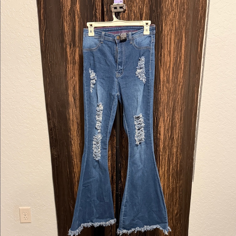 Lovers + Friends Blue Distressed Flare Jeans